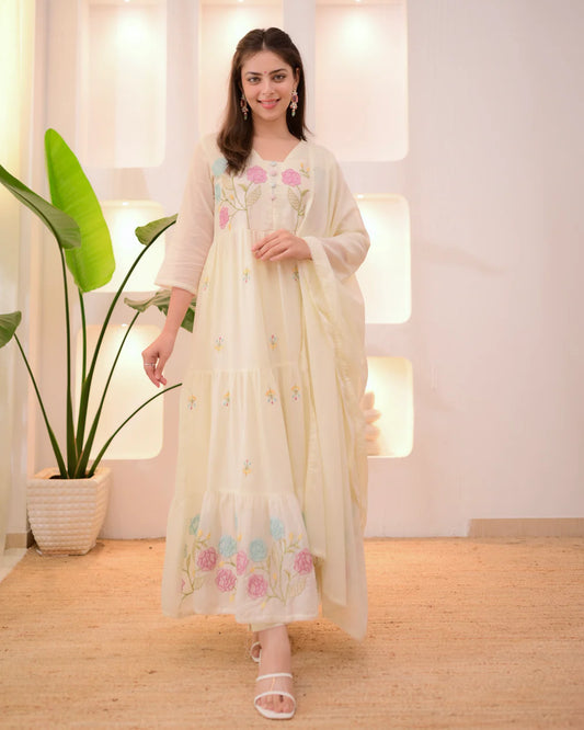 Lightweight Mul Cotton A-Line Suit in Vanilla Pastel with Petals Embroidery for Women