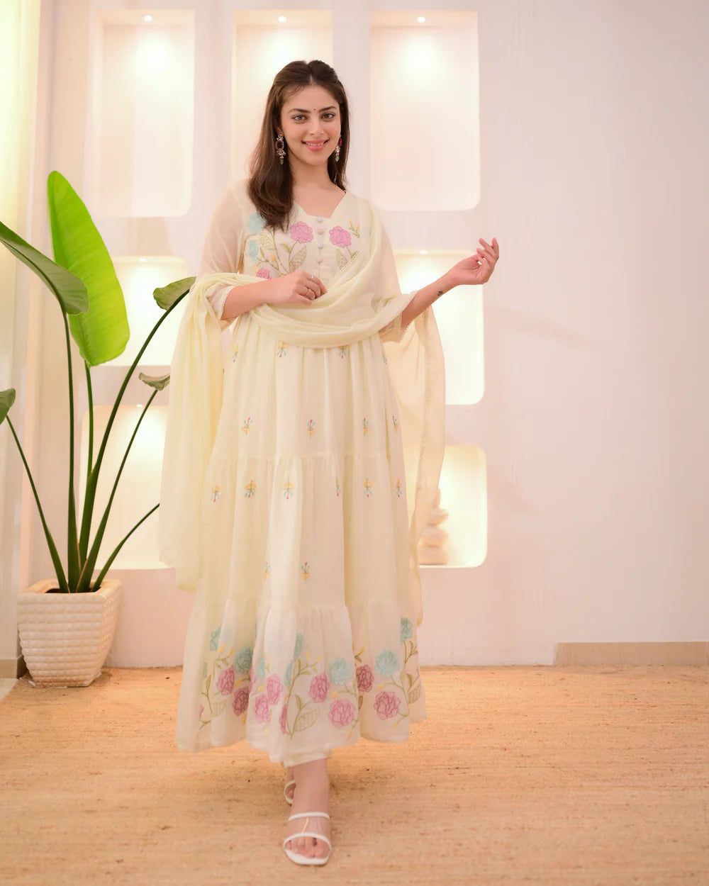 Lightweight Mul Cotton A-Line Suit in Vanilla Pastel with Petals Embroidery for Women