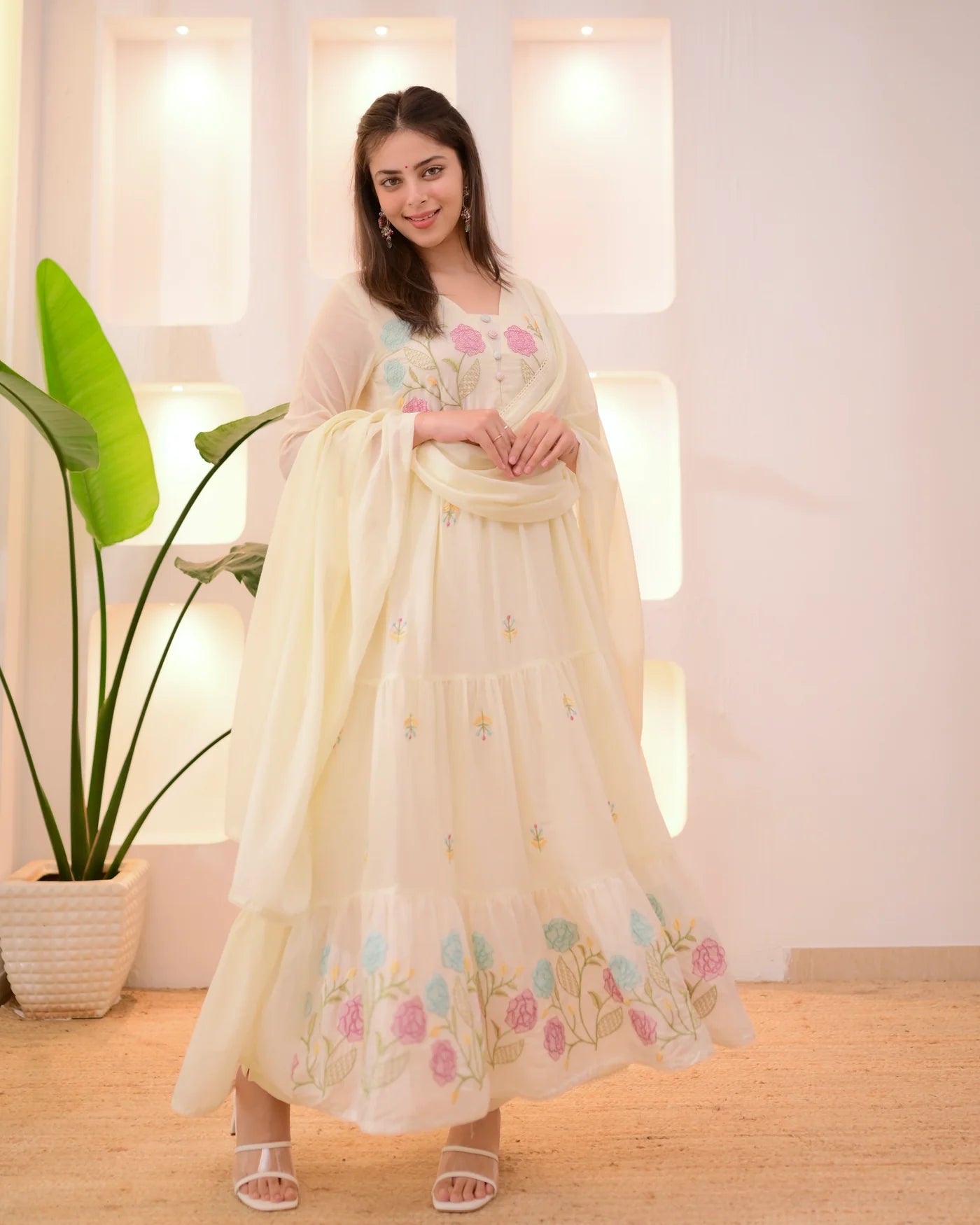 Lightweight Mul Cotton A-Line Suit in Vanilla Pastel with Petals Embroidery for Women