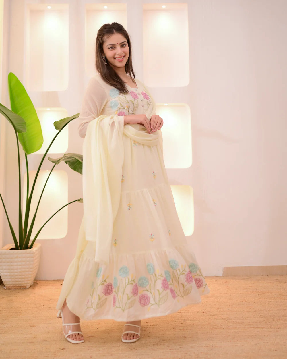 Lightweight Mul Cotton A-Line Suit in Vanilla Pastel with Petals Embroidery for Women