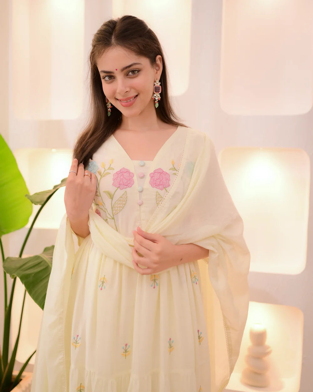 Lightweight Mul Cotton A-Line Suit in Vanilla Pastel with Petals Embroidery for Women