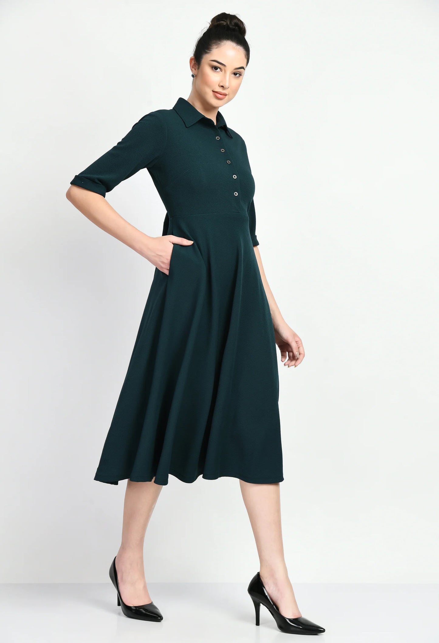 Trendy Fit and Flared Shirt Midi Dress Perfect Everyday and Semi-Formal Look for Women