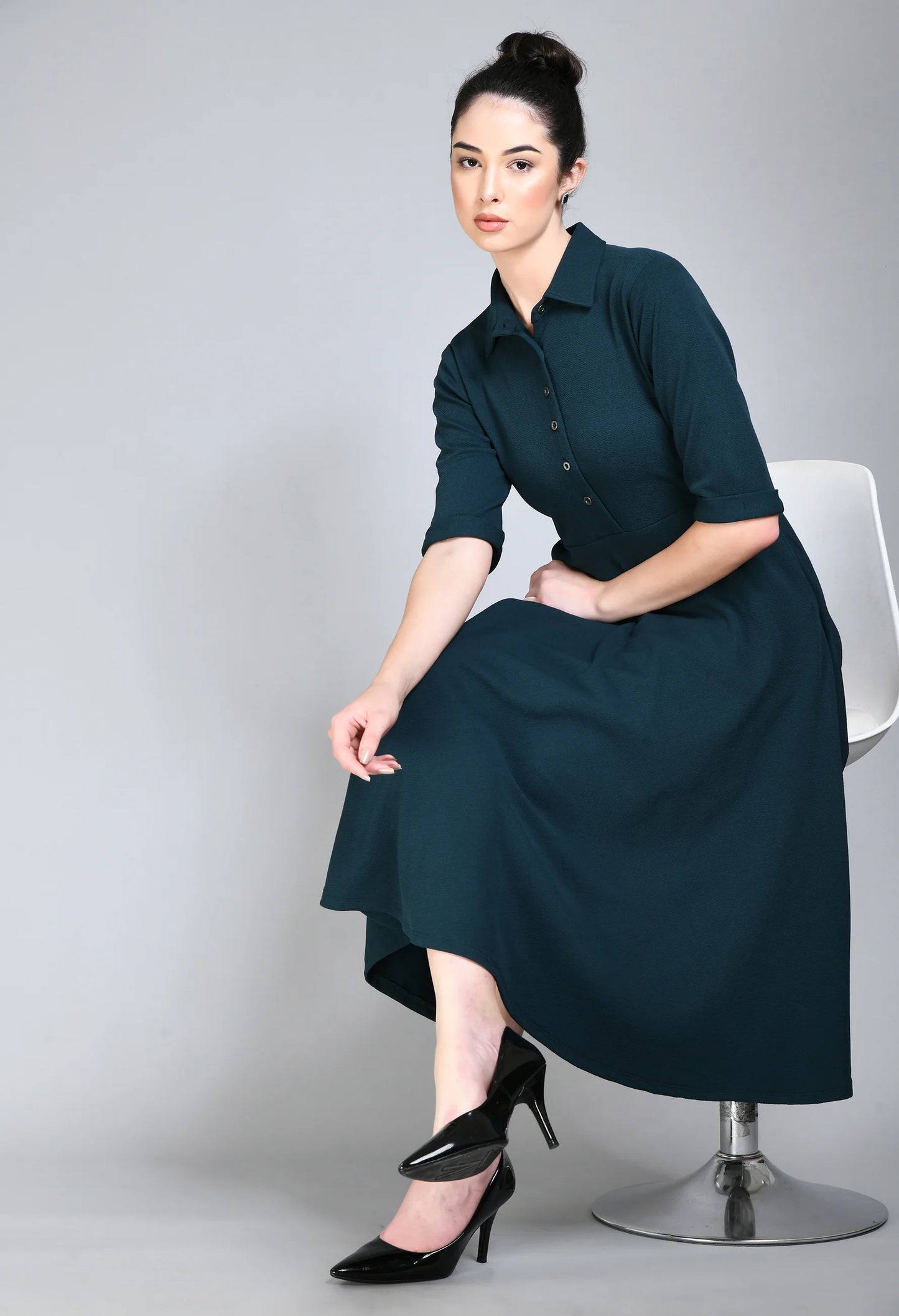 Trendy Fit and Flared Shirt Midi Dress Perfect Everyday and Semi-Formal Look for Women