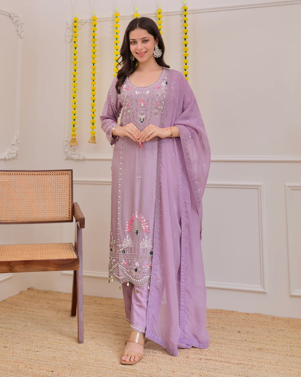 Graceful Lilac Silk Suit with Premium Handwork for Special Occasions