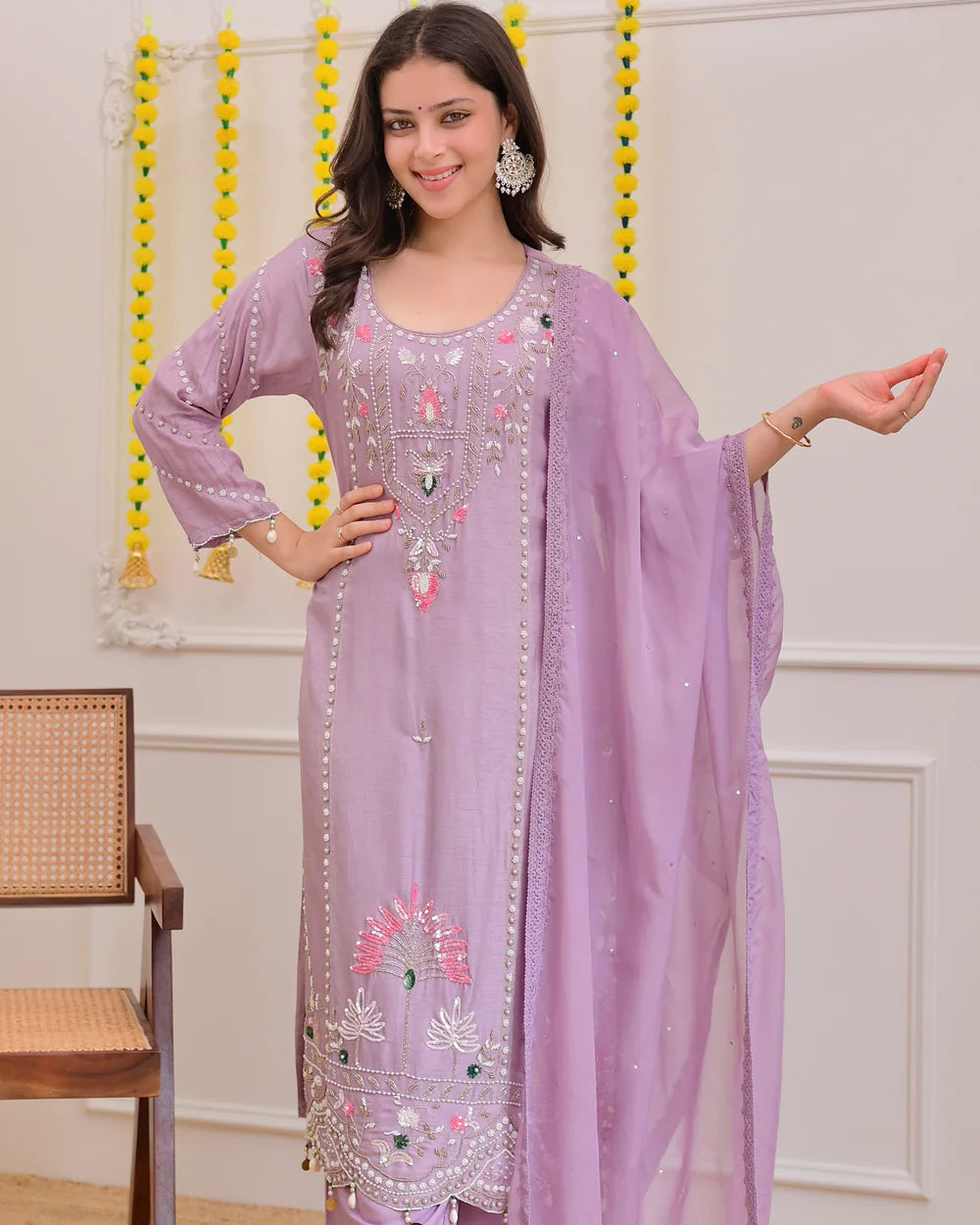 Graceful Lilac Silk Suit with Premium Handwork for Special Occasions