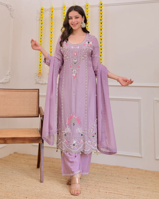 Graceful Lilac Silk Suit with Premium Handwork for Special Occasions