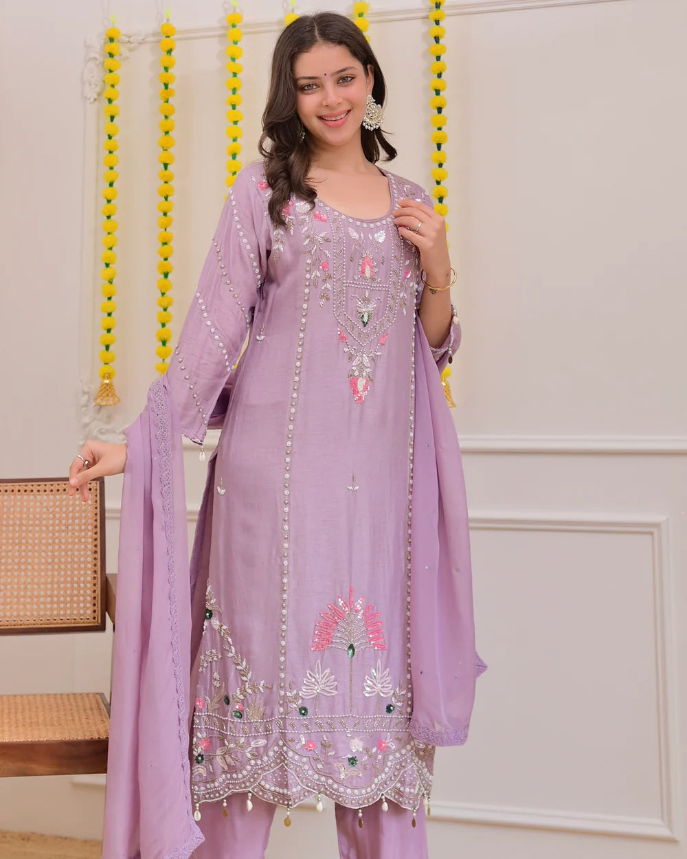 Graceful Lilac Silk Suit with Premium Handwork for Special Occasions