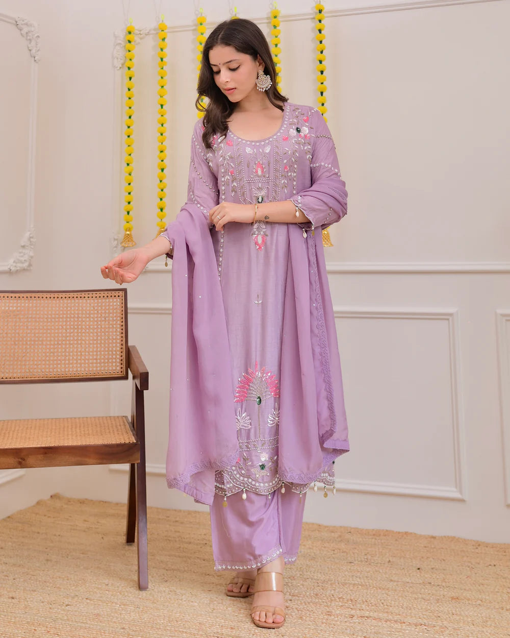 Graceful Lilac Silk Suit with Premium Handwork for Special Occasions