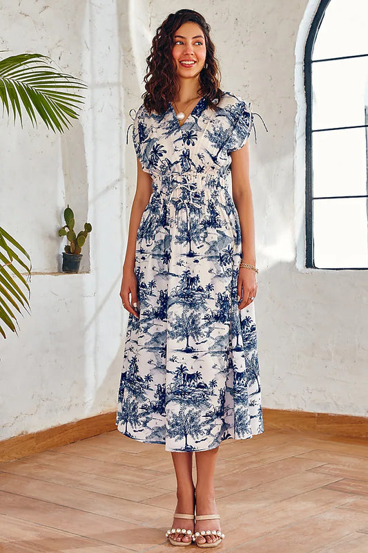 Off White and Ink Blue Cotton Linen Printed Midi Dress Elegant Outfit for Casual and Semi Formal Look