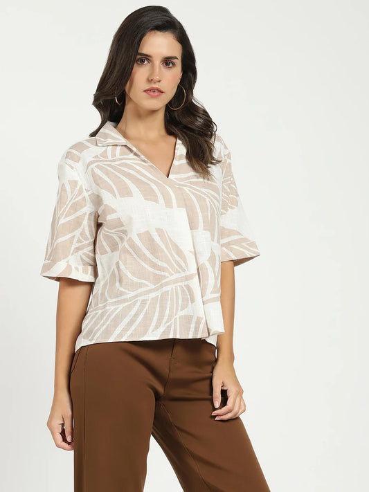 Comfortable Women’s Beige Tropical Cotton Top Casual Summer Streetwear