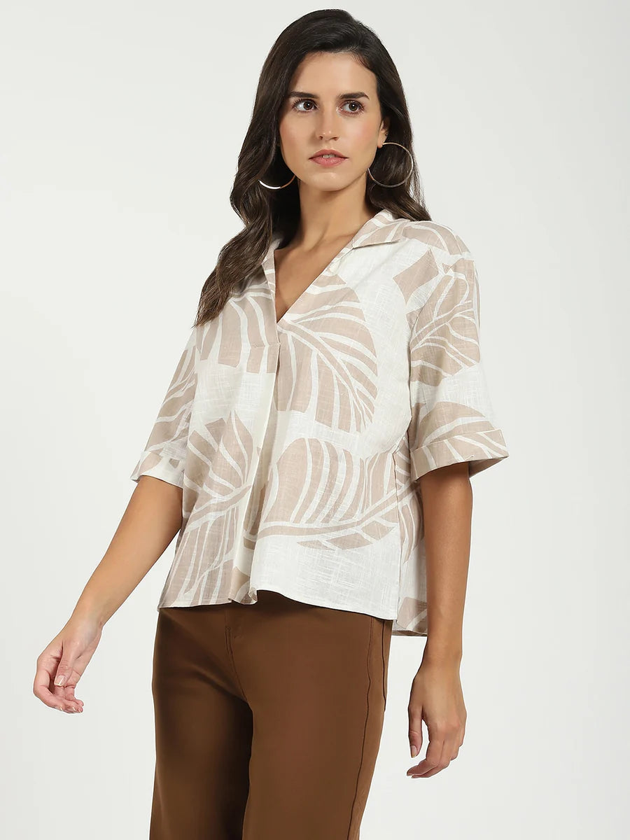 Comfortable Women’s Beige Tropical Cotton Top Casual Summer Streetwear