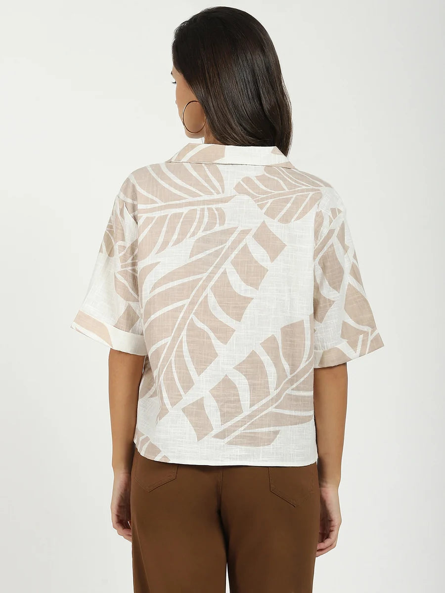 Comfortable Women’s Beige Tropical Cotton Top Casual Summer Streetwear