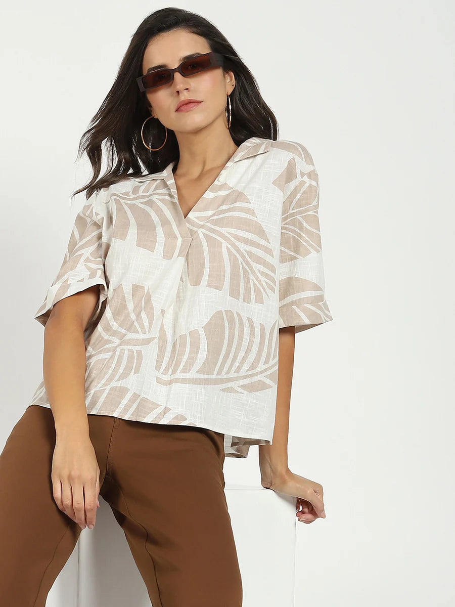 Comfortable Women’s Beige Tropical Cotton Top Casual Summer Streetwear