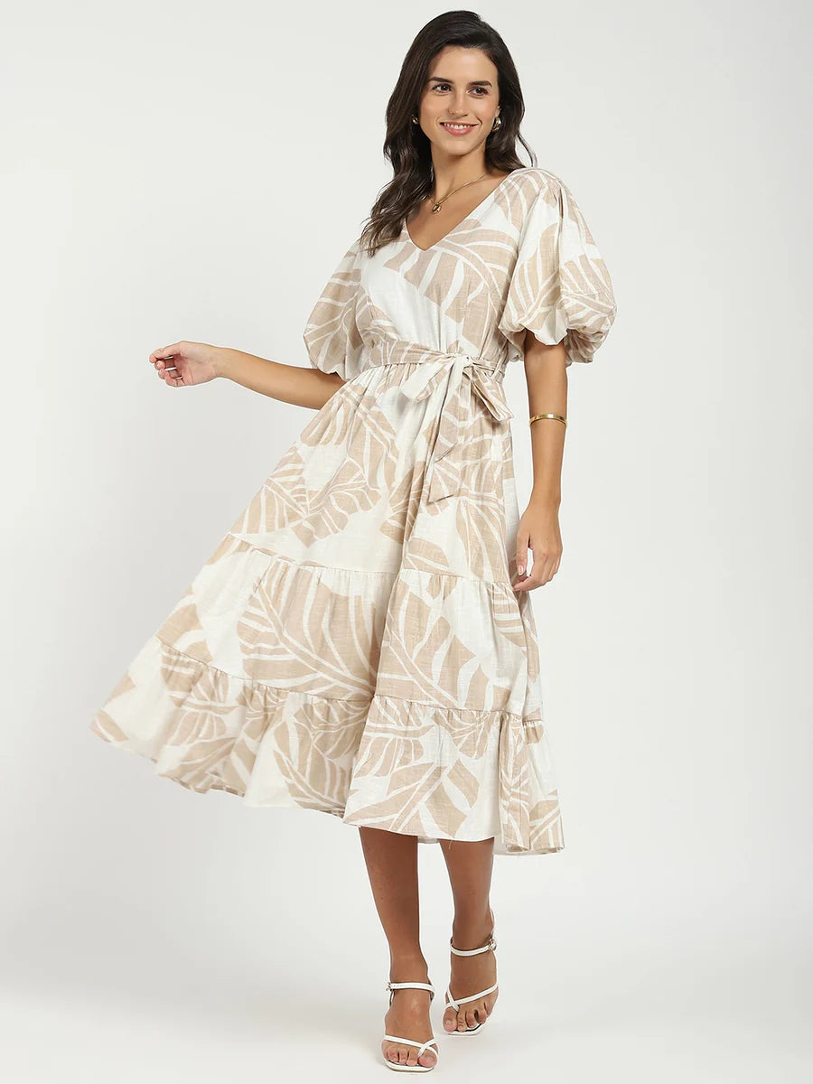 Women’s Beige Puff Sleeves Flared Dress Comfortable and Trendy Outfit for Daily Wear