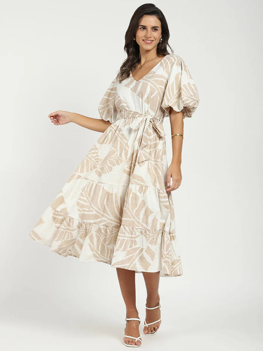 Women’s Beige Puff Sleeves Flared Dress Comfortable and Trendy Outfit for Daily Wear