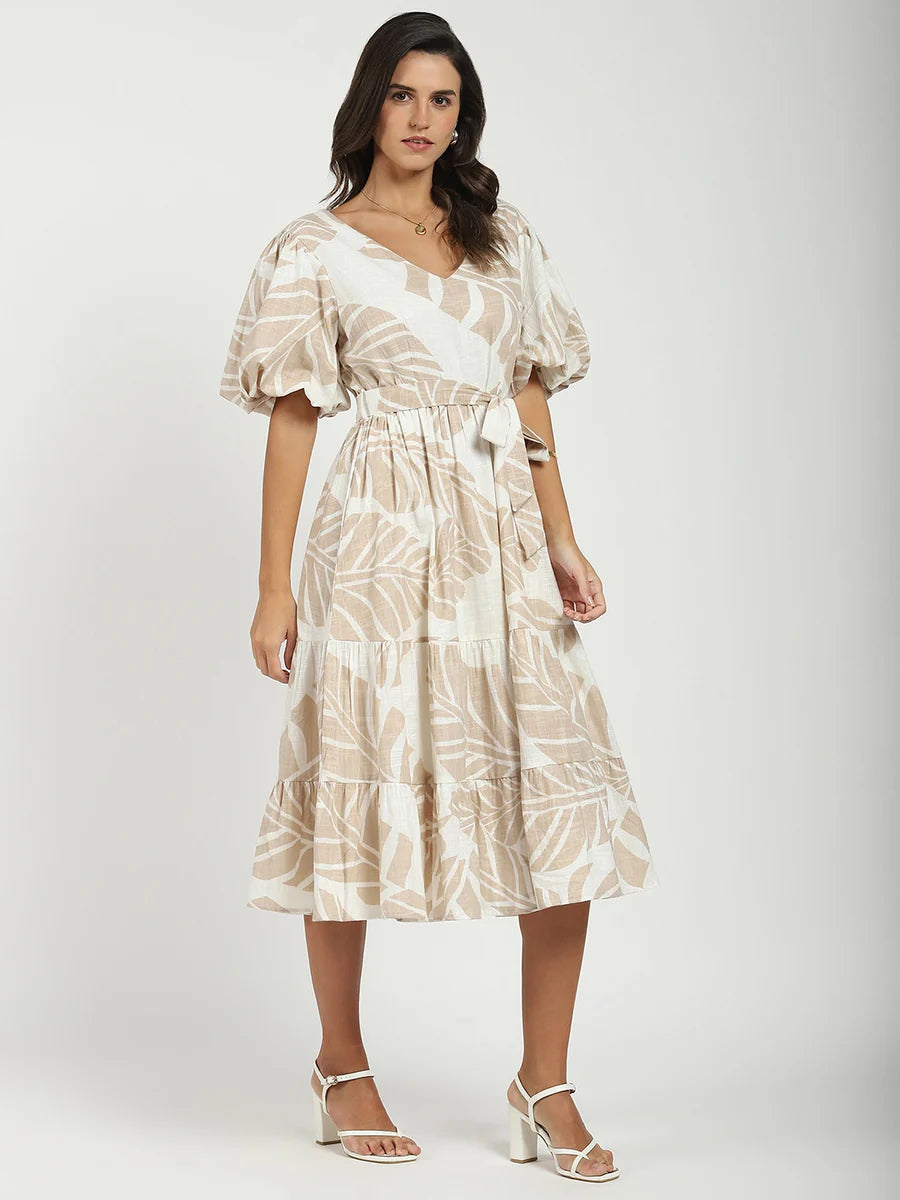 Women’s Beige Puff Sleeves Flared Dress Comfortable and Trendy Outfit for Daily Wear