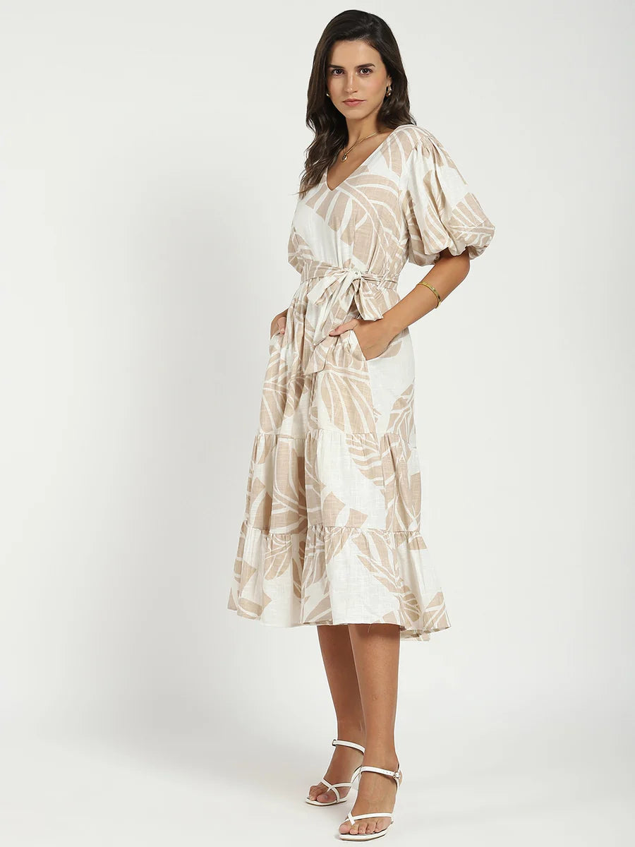 Women’s Beige Puff Sleeves Flared Dress Comfortable and Trendy Outfit for Daily Wear