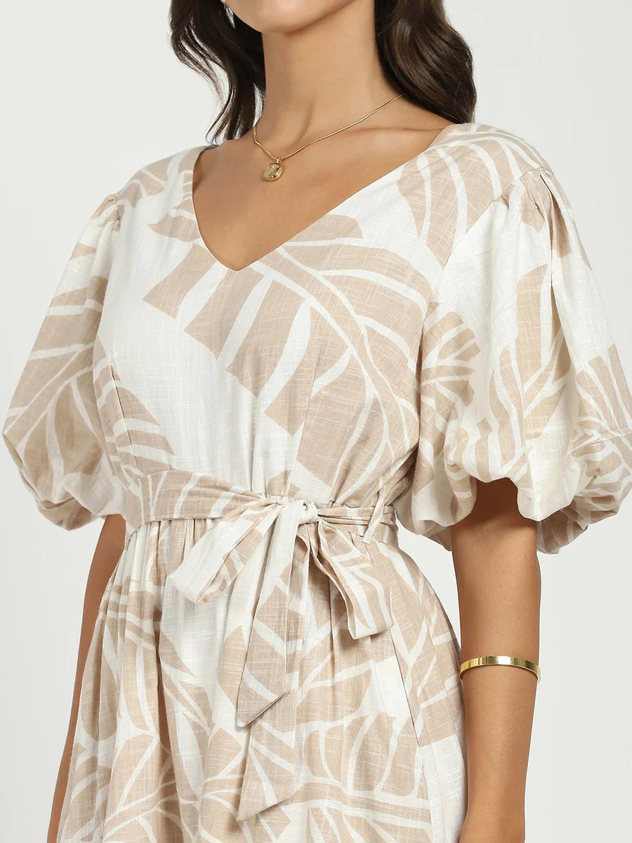 Women’s Beige Puff Sleeves Flared Dress Comfortable and Trendy Outfit for Daily Wear