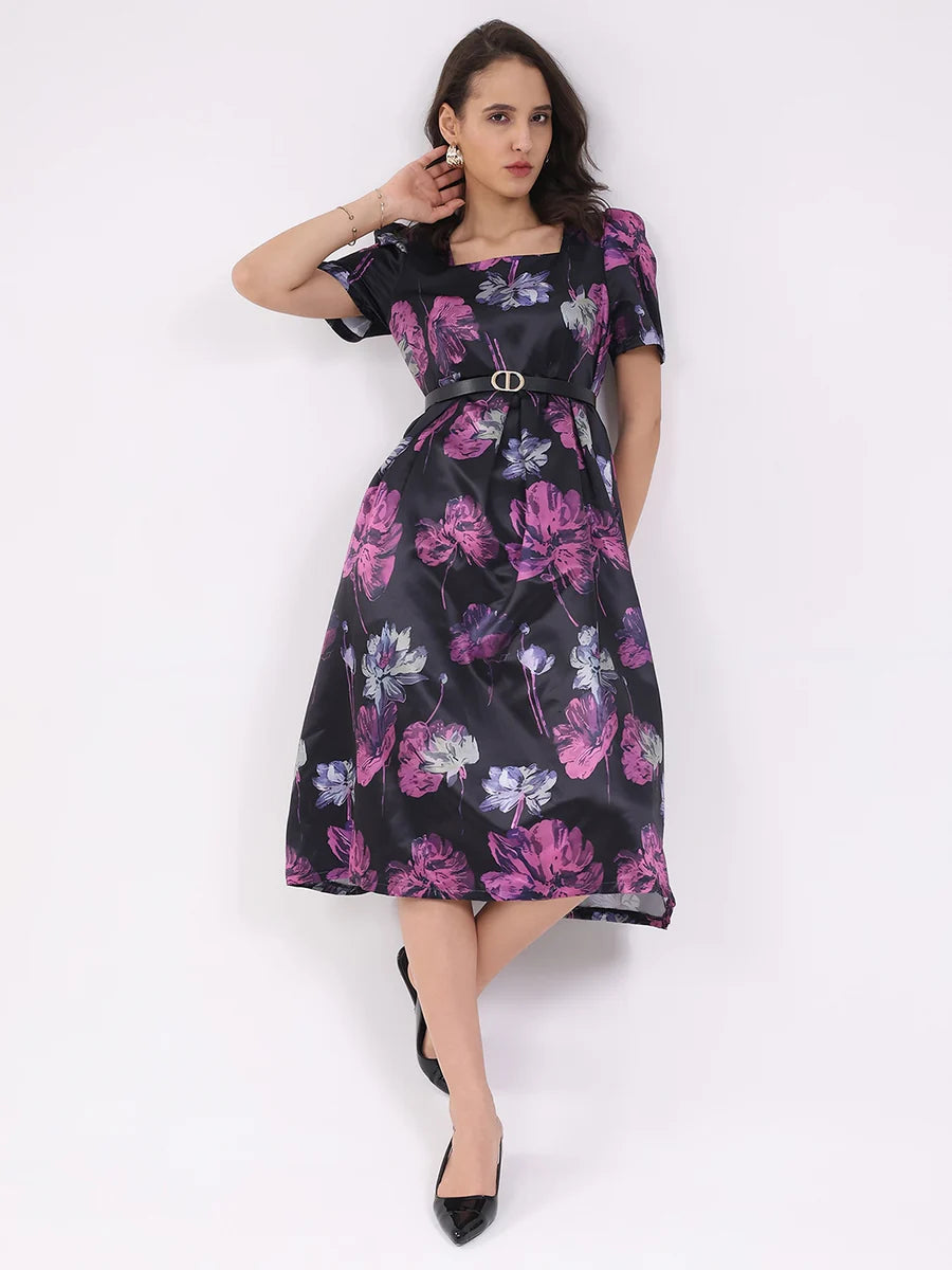 Premium Black Floral Fit and Flare Midi Dress Elegant and Trendy Party Look for Women