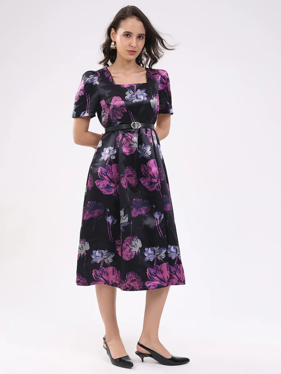 Premium Black Floral Fit and Flare Midi Dress Elegant and Trendy Party Look for Women