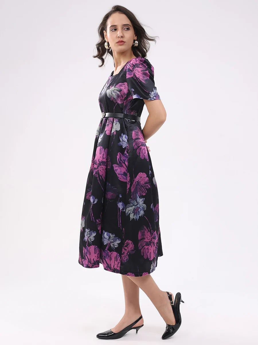 Premium Black Floral Fit and Flare Midi Dress Elegant and Trendy Party Look for Women