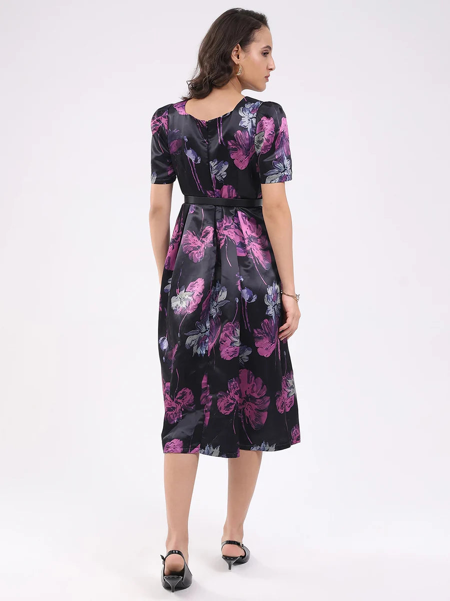 Premium Black Floral Fit and Flare Midi Dress Elegant and Trendy Party Look for Women