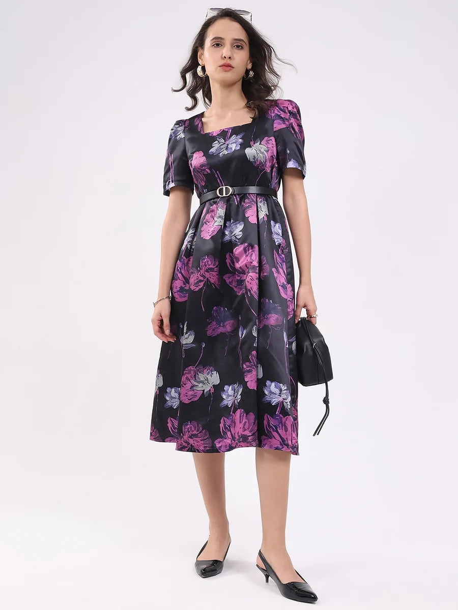 Premium Black Floral Fit and Flare Midi Dress Elegant and Trendy Party Look for Women