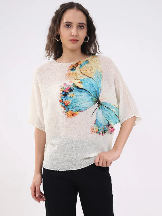 Summer Women’s Beige Butterfly Print Stretchable Top Comfortable Loose Fit Stylish Everyday Outfit
