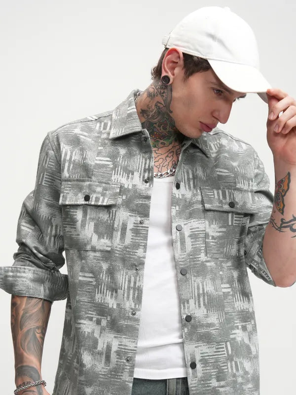 Casual Blue Oversized Shirt for Men Relaxed Fit with Printed Style