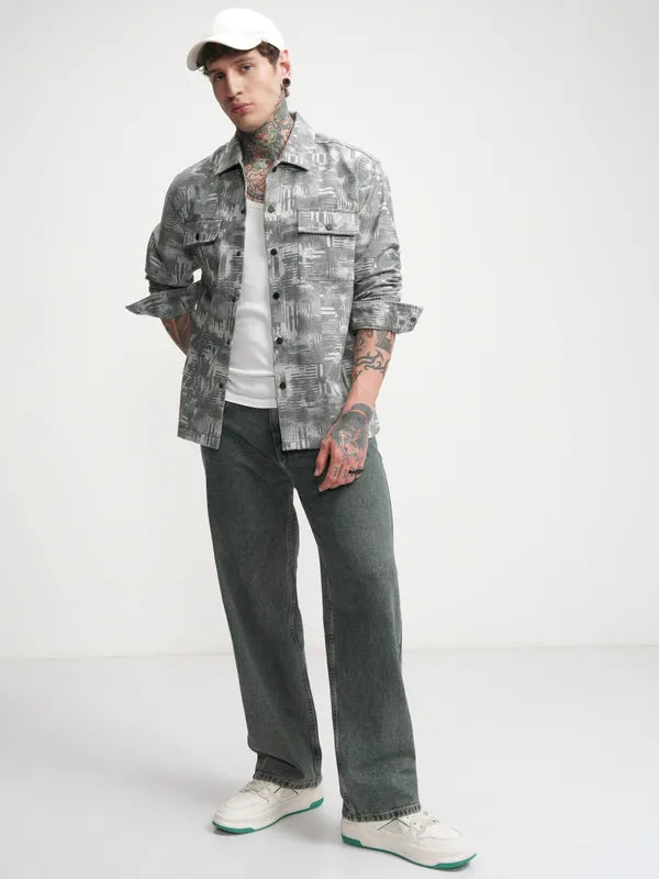 Casual Blue Oversized Shirt for Men Relaxed Fit with Printed Style