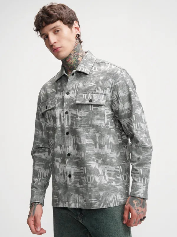 Casual Blue Oversized Shirt for Men Relaxed Fit with Printed Style