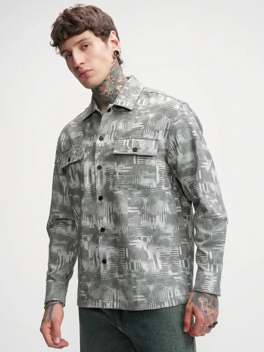 Casual Blue Oversized Shirt for Men Relaxed Fit with Printed Style
