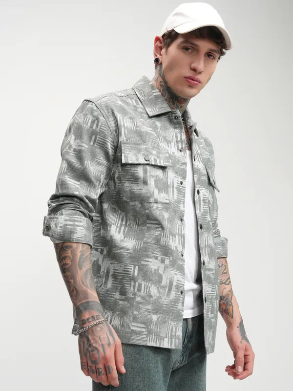 Casual Blue Oversized Shirt for Men Relaxed Fit with Printed Style