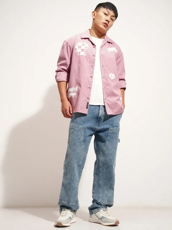 Elegant Men’s Oversized Pink Shirt Embroidery Detailing Perfect for Day and Evening Wear