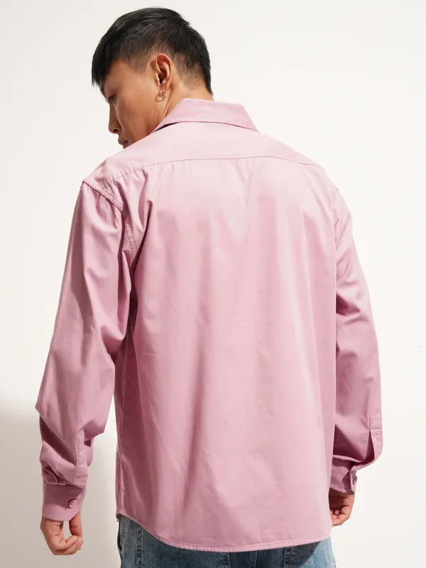 Elegant Men’s Oversized Pink Shirt Embroidery Detailing Perfect for Day and Evening Wear