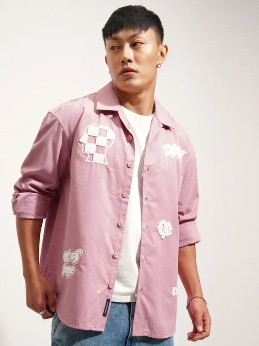 Elegant Men’s Oversized Pink Shirt Embroidery Detailing Perfect for Day and Evening Wear