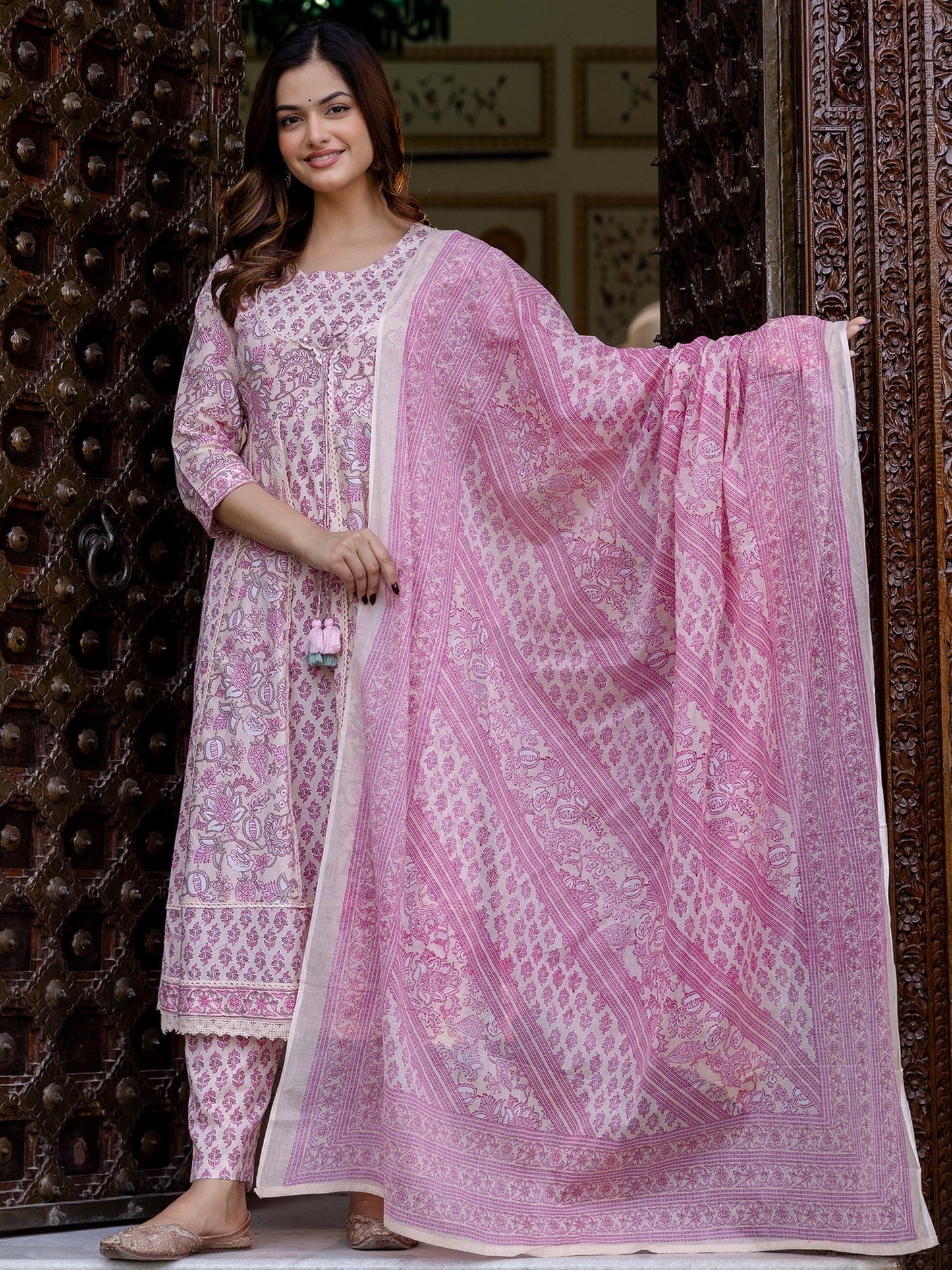 Festive Wear Pink Printed Anarkali Kurta Trousers & Dupatta Set for Women with Elegant Ethnic Style