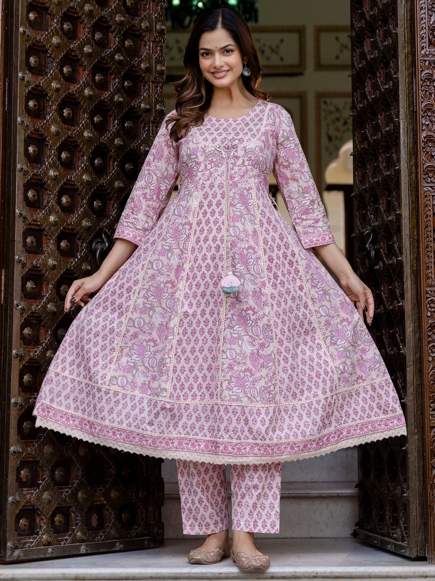Festive Wear Pink Printed Anarkali Kurta Trousers & Dupatta Set for Women with Elegant Ethnic Style