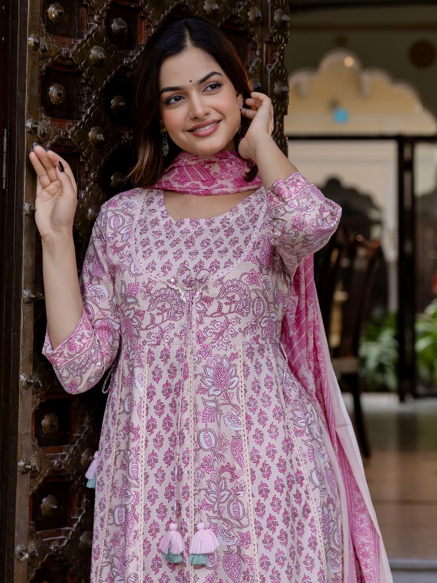 Festive Wear Pink Printed Anarkali Kurta Trousers & Dupatta Set for Women with Elegant Ethnic Style