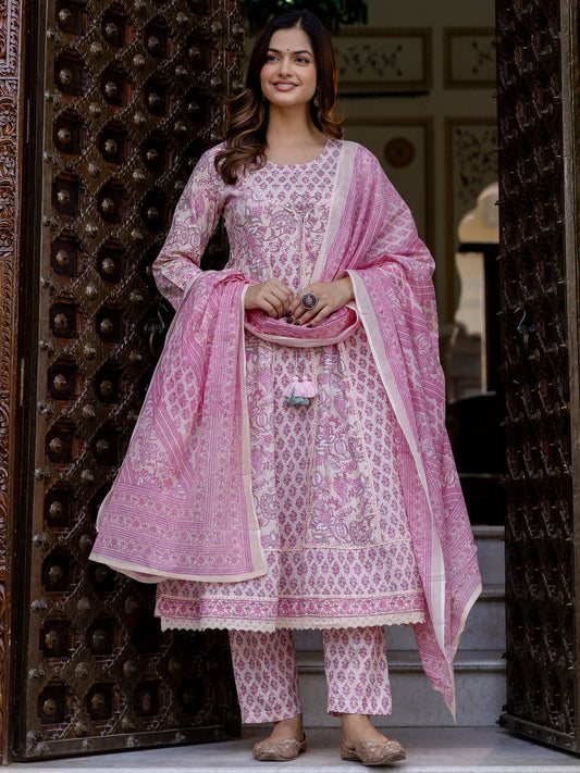 Festive Wear Pink Printed Anarkali Kurta Trousers & Dupatta Set for Women with Elegant Ethnic Style