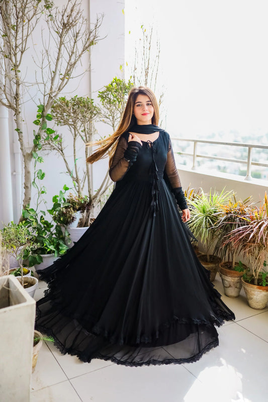 Modern Women’s Solid Double Layered Anarkali Dress with Flowing Dupatta