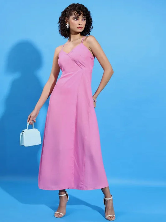 Pink Solid Wrap Dress Women’s Outfit Perfect for Office, Outings, and Special Events