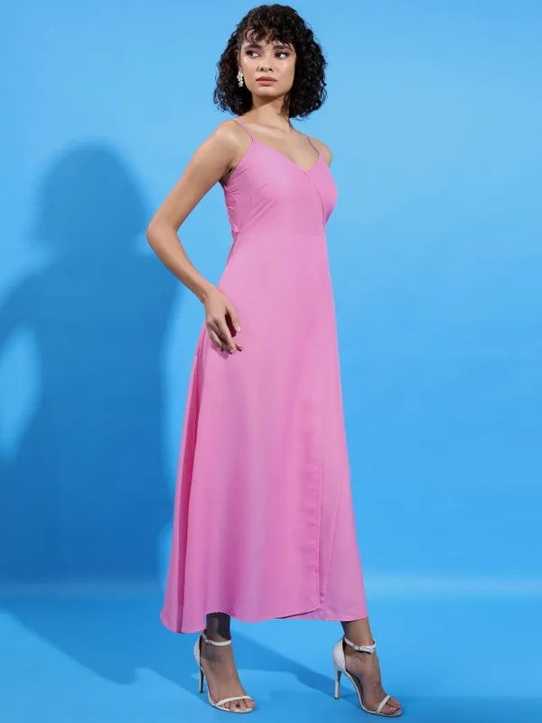 Pink Solid Wrap Dress Women’s Outfit Perfect for Office, Outings, and Special Events