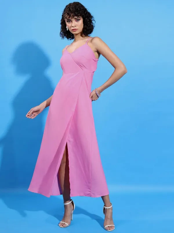 Pink Solid Wrap Dress Women’s Outfit Perfect for Office, Outings, and Special Events