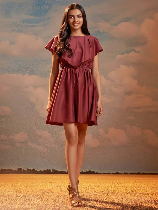 Maroon Solid Silk Blend Flared Mini Dress Elegant Outfit for Casual, Party, and Evening Look