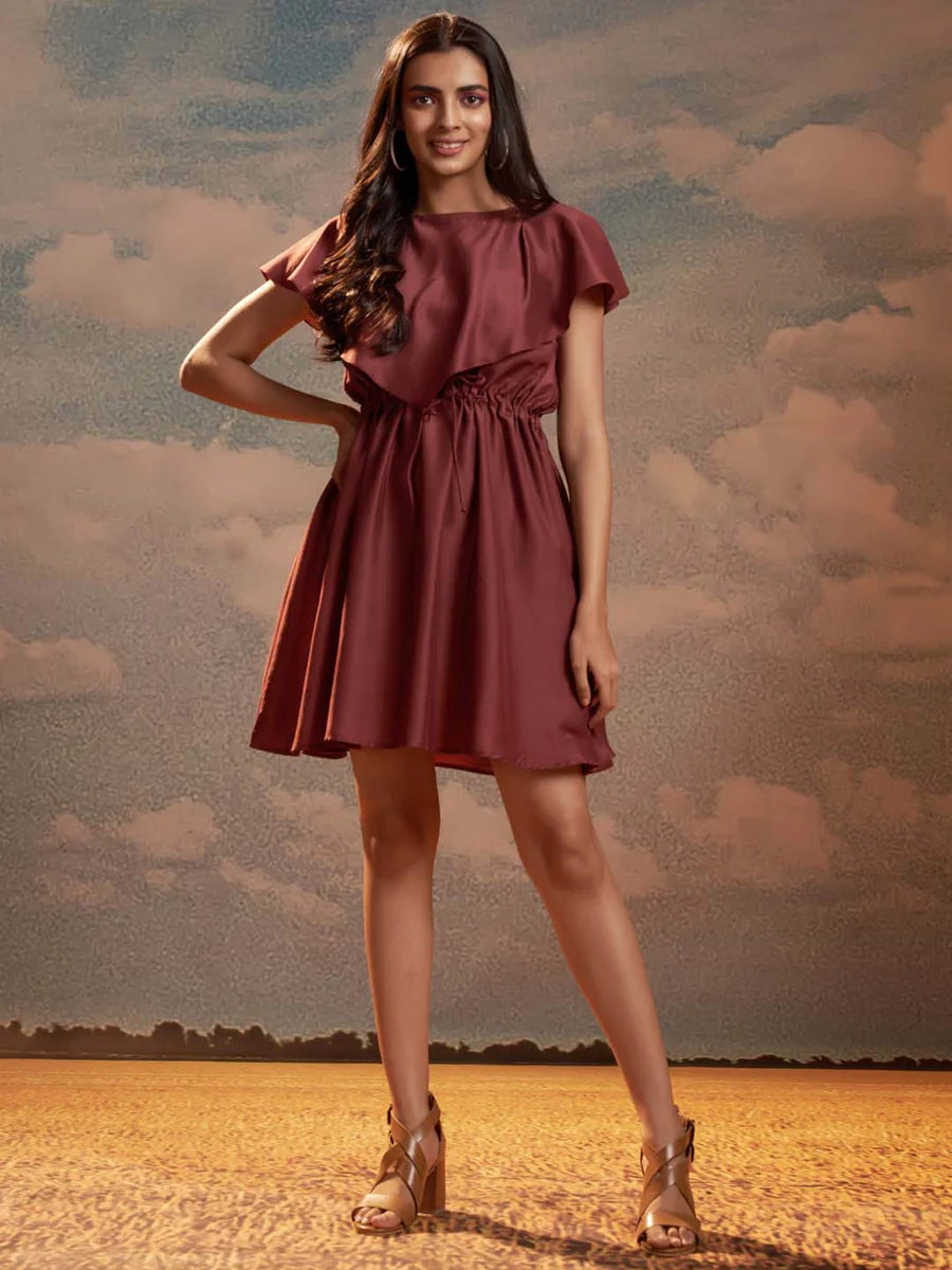 Maroon Solid Silk Blend Flared Mini Dress Elegant Outfit for Casual, Party, and Evening Look