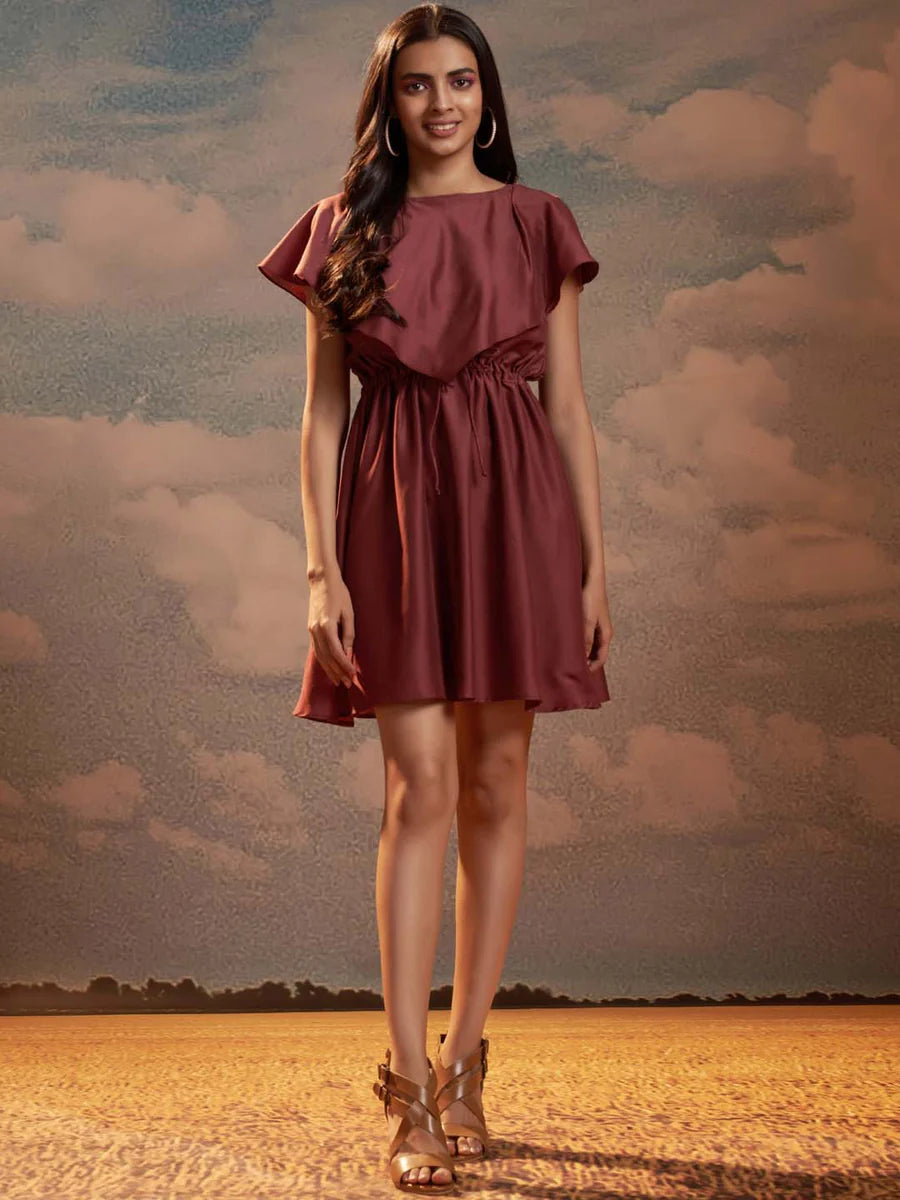 Maroon Solid Silk Blend Flared Mini Dress Elegant Outfit for Casual, Party, and Evening Look