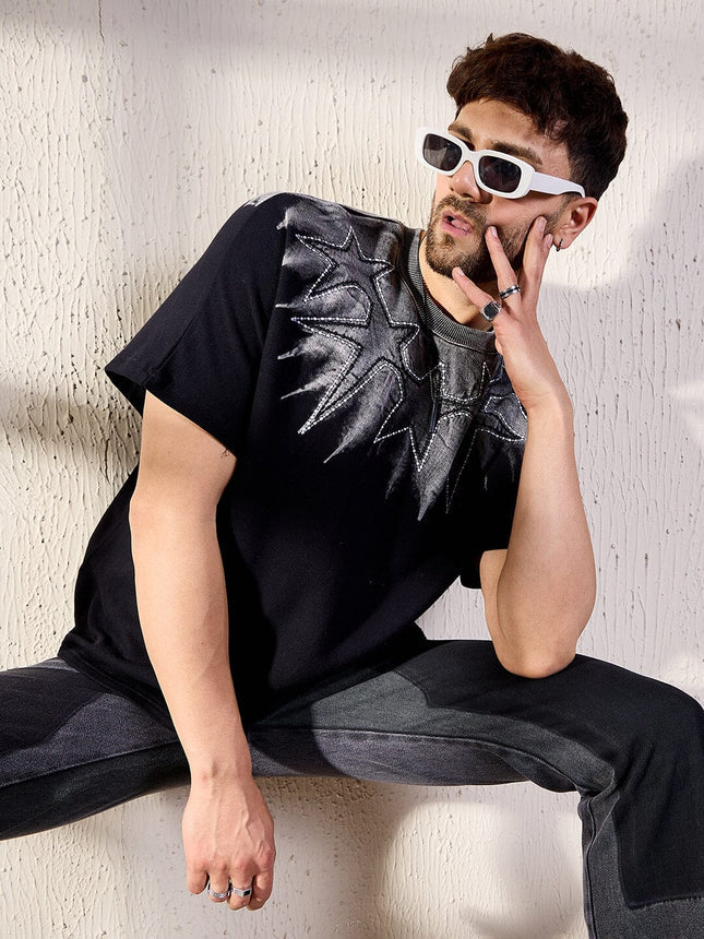 Black Oversized T Shirt Ombre Star Embroidery Mens Streetwear