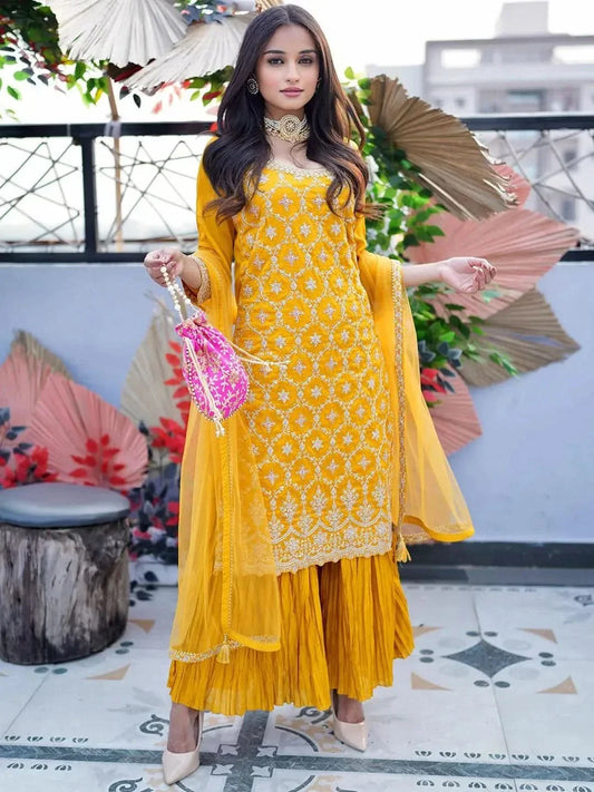 Designer Mustard Pakistani Suit with Silk Blend Embroidery