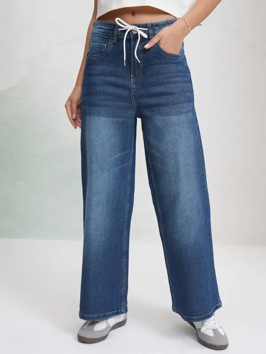 Blue Wide Leg Denim Jeans for Women Comfortable Stretchable Everyday Trousers